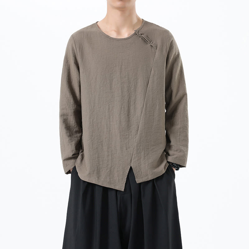 Camisa de lino y algodón cómoda con cuello redondo y manga larga para hombre de Buddha Stones - Broncearse - US/UK/AU46, EU56 (5XL) - image 0