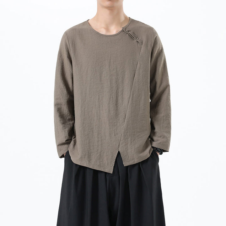 Camisa de lino y algodón cómoda con cuello redondo y manga larga para hombre de Buddha Stones - Broncearse - US/UK/AU46, EU56 (5XL) - image 0