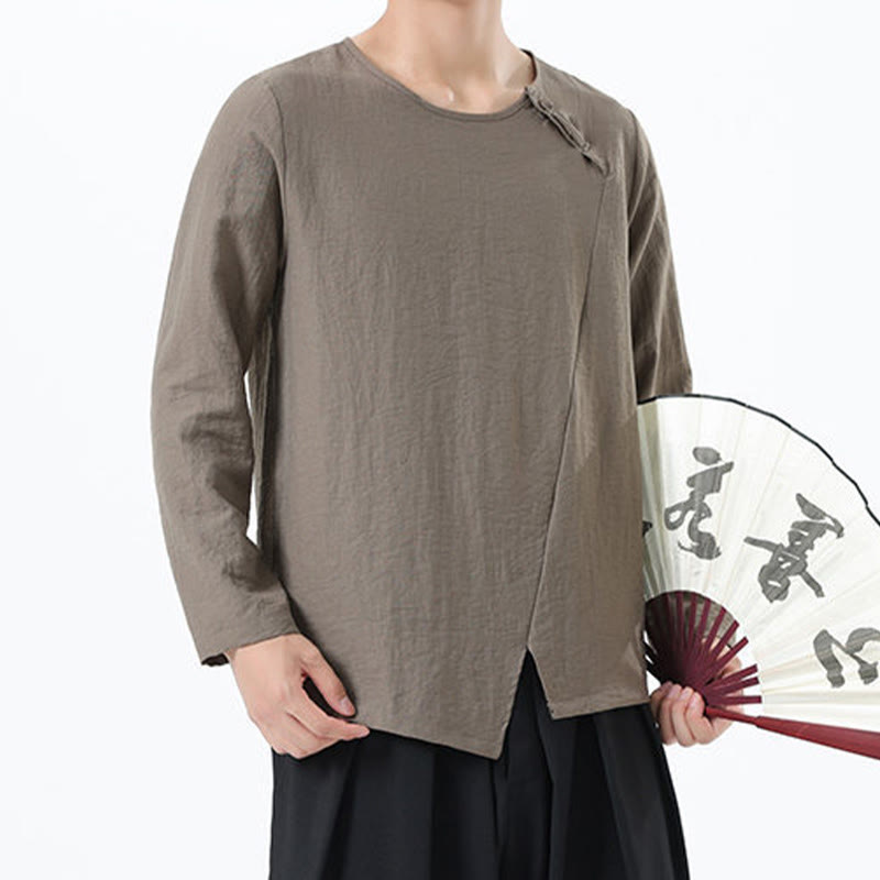 Camisa de lino y algodón cómoda con cuello redondo y manga larga para hombre de Buddha Stones - image 1