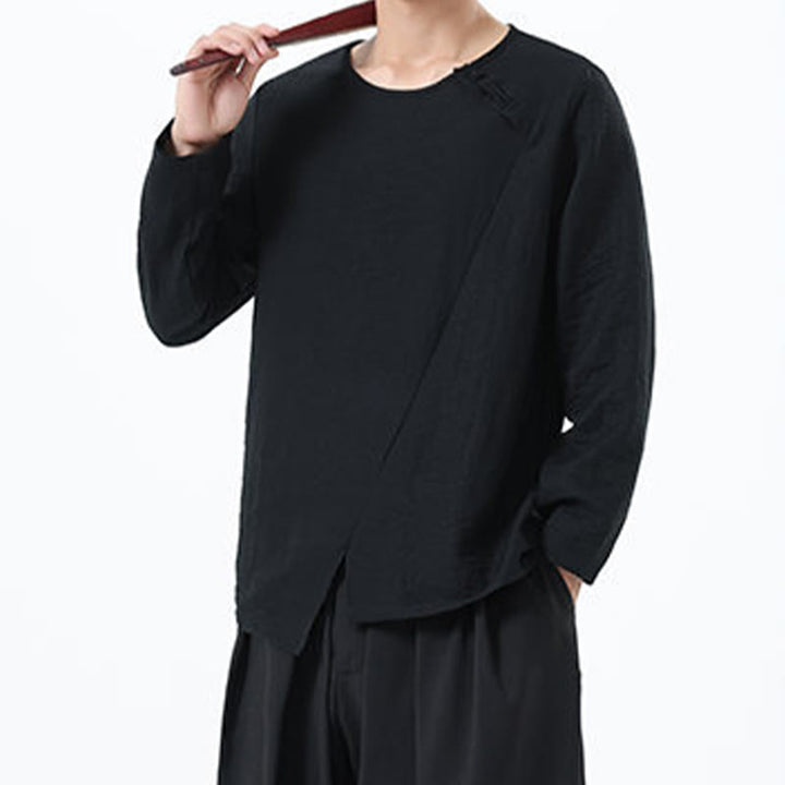 Camisa de lino y algodón cómoda con cuello redondo y manga larga para hombre de Buddha Stones - image 30