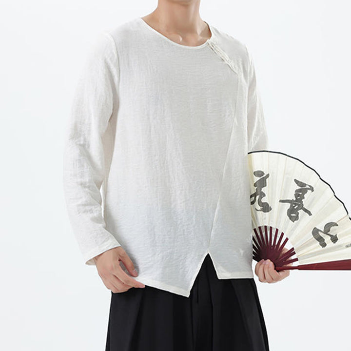 Camisa de lino y algodón cómoda con cuello redondo y manga larga para hombre de Buddha Stones - image 7