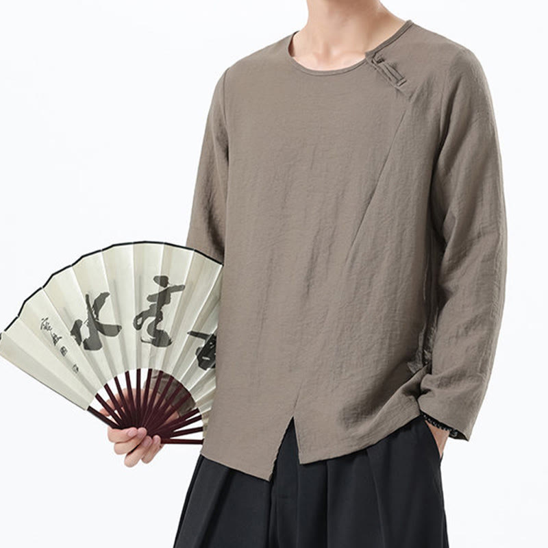 Camisa de lino y algodón cómoda con cuello redondo y manga larga para hombre de Buddha Stones - image 5