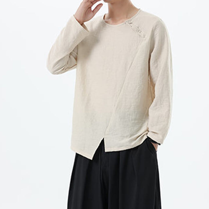 Camisa de lino y algodón cómoda con cuello redondo y manga larga para hombre de Buddha Stones - image 19