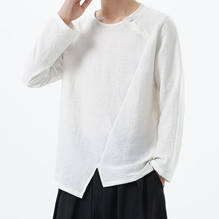 Camisa de lino y algodón cómoda con cuello redondo y manga larga para hombre de Buddha Stones - image 13