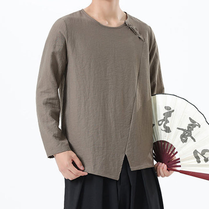 Camisa de lino y algodón cómoda con cuello redondo y manga larga para hombre de Buddha Stones - image 1