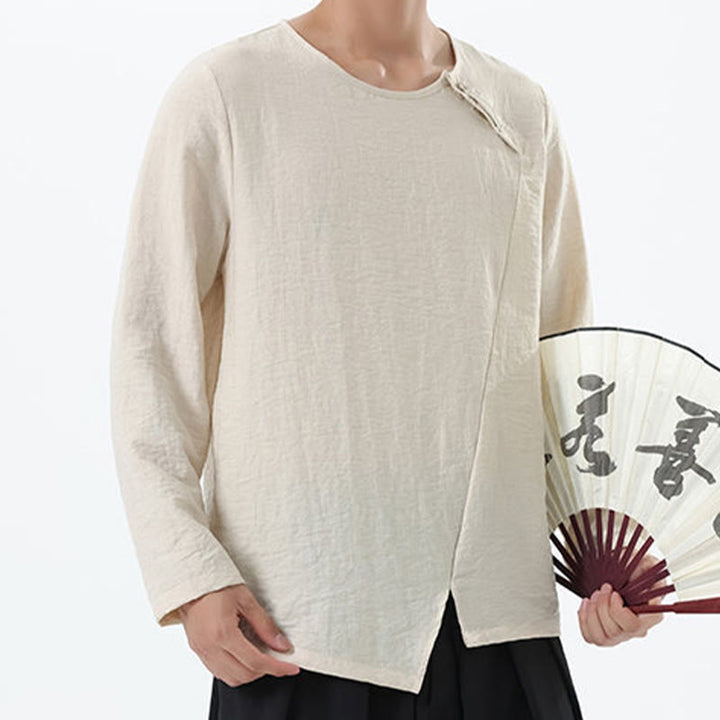 Camisa de lino y algodón cómoda con cuello redondo y manga larga para hombre de Buddha Stones - image 21