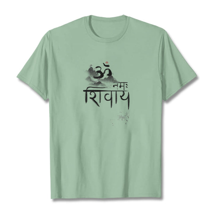 Camiseta de algodón con la frase OM NAMAH SHIVAYA Mountain y Buddha Stones - Verde pálido - 2XL - image 12