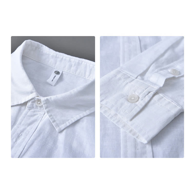 Camisa de algodón cómoda de color puro con cuello vuelto y manga larga para hombre de Buddha Stones con bolsillo - image 15