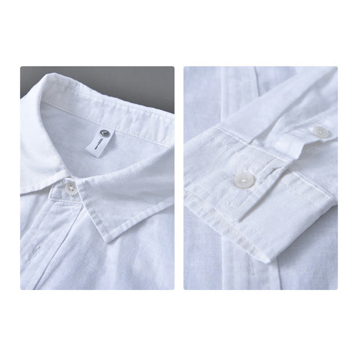 Camisa de algodón cómoda de color puro con cuello vuelto y manga larga para hombre de Buddha Stones con bolsillo - image 15