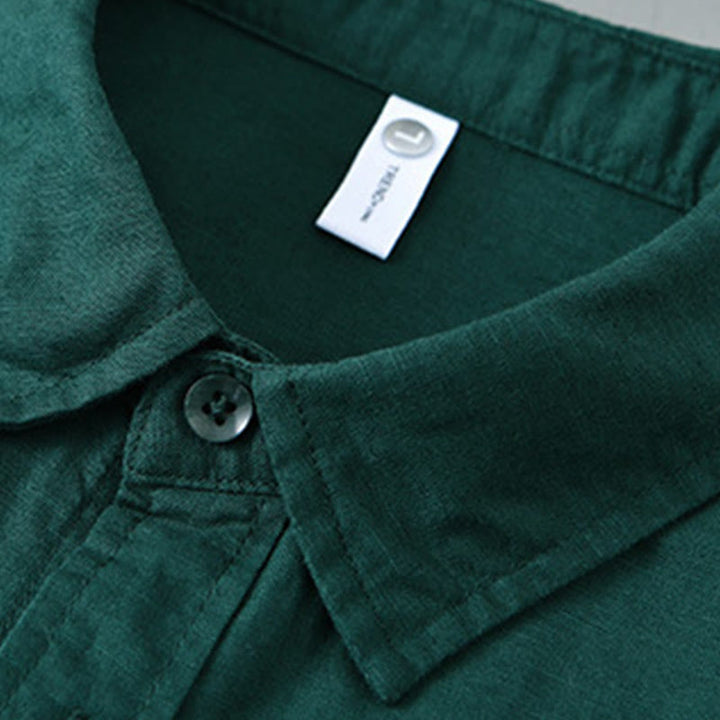 Camisa de algodón cómoda de color puro con cuello vuelto y manga larga para hombre de Buddha Stones con bolsillo - image 25