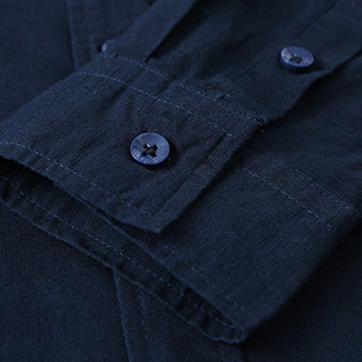 Camisa de algodón cómoda de color puro con cuello vuelto y manga larga para hombre de Buddha Stones con bolsillo - image 38