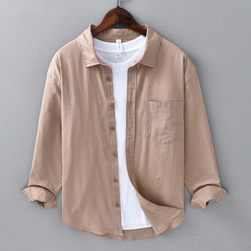 Camisa de algodón cómoda de color puro con cuello vuelto y manga larga para hombre de Buddha Stones con bolsillo - BurlyWood - US/UK/AU42, EU52 (3XL) - image 21