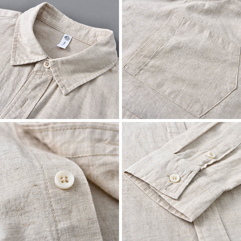 Camisa de algodón cómoda de color puro con cuello vuelto y manga larga para hombre de Buddha Stones con bolsillo - image 4