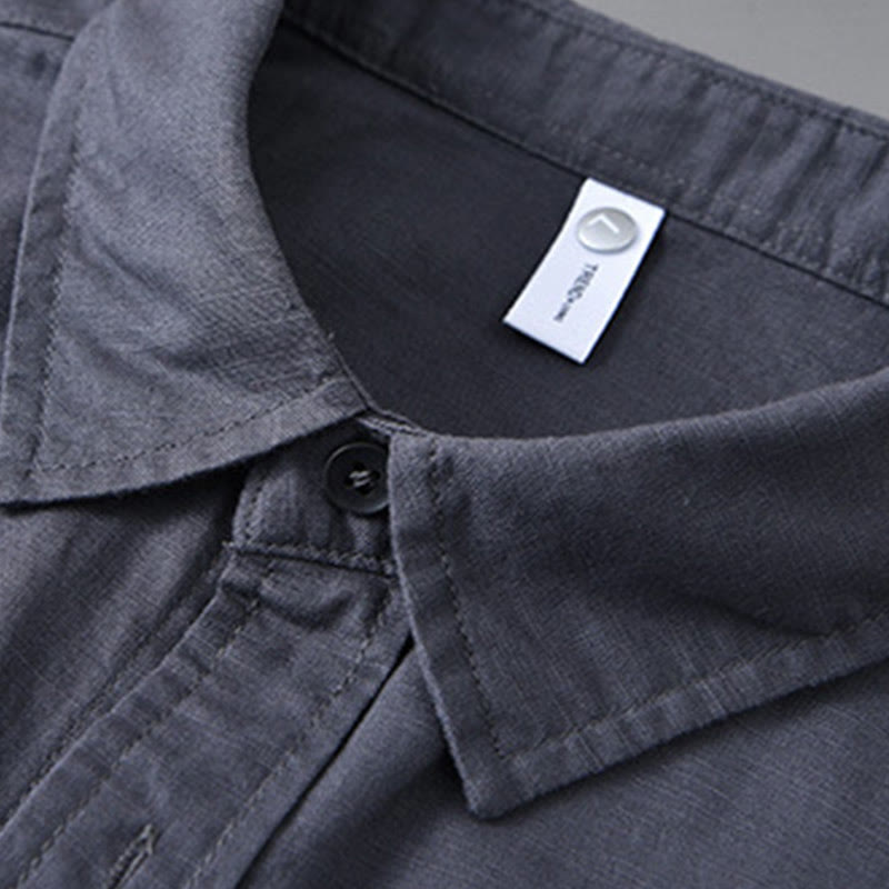 Camisa de algodón cómoda de color puro con cuello vuelto y manga larga para hombre de Buddha Stones con bolsillo - image 29