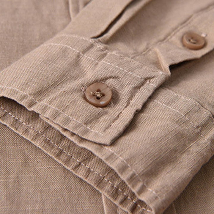 Camisa de algodón cómoda de color puro con cuello vuelto y manga larga para hombre de Buddha Stones con bolsillo - image 22
