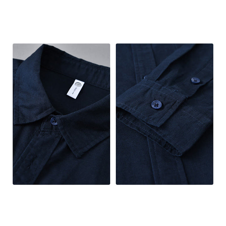 Camisa de algodón cómoda de color puro con cuello vuelto y manga larga para hombre de Buddha Stones con bolsillo - image 39