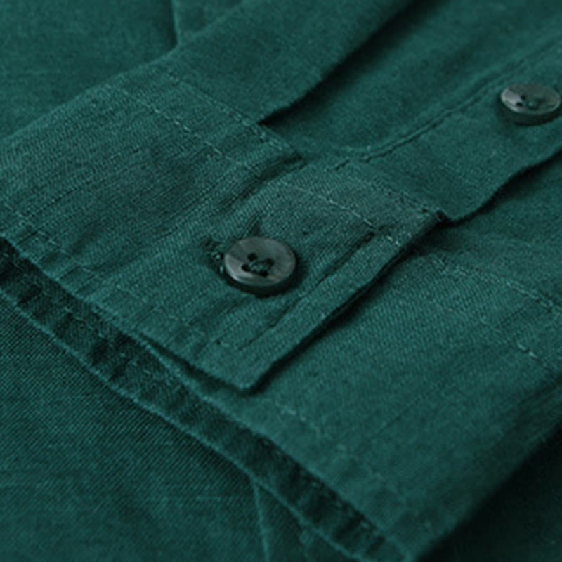 Camisa de algodón cómoda de color puro con cuello vuelto y manga larga para hombre de Buddha Stones con bolsillo - image 26