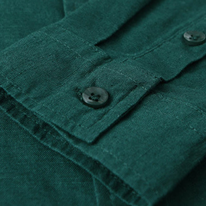 Camisa de algodón cómoda de color puro con cuello vuelto y manga larga para hombre de Buddha Stones con bolsillo - image 26