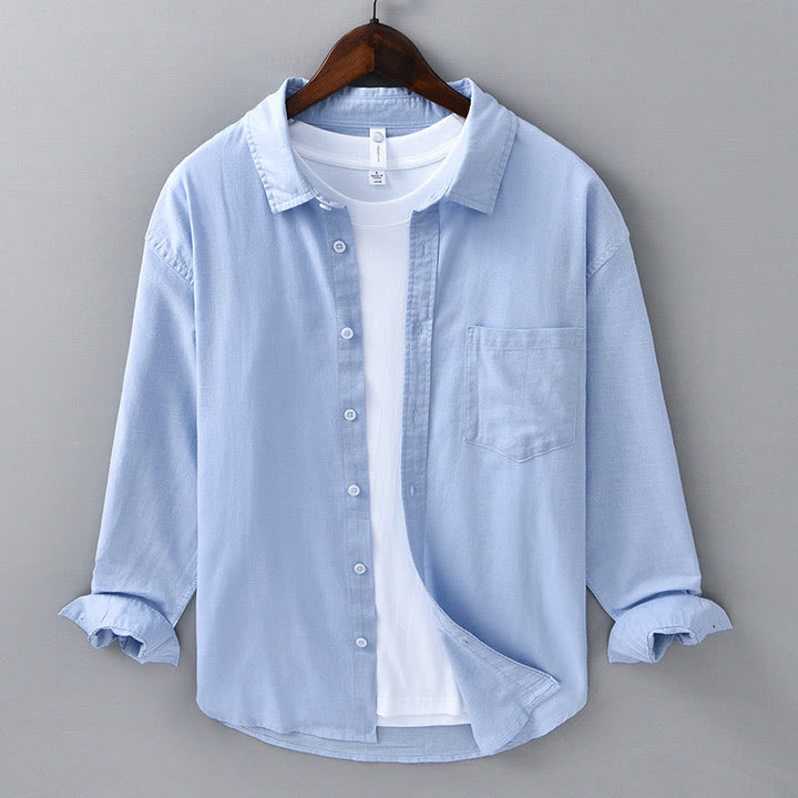 Camisa de algodón cómoda de color puro con cuello vuelto y manga larga para hombre de Buddha Stones con bolsillo - Azul cielo claro - US/UK/AU42, EU52 (3XL) - image 16