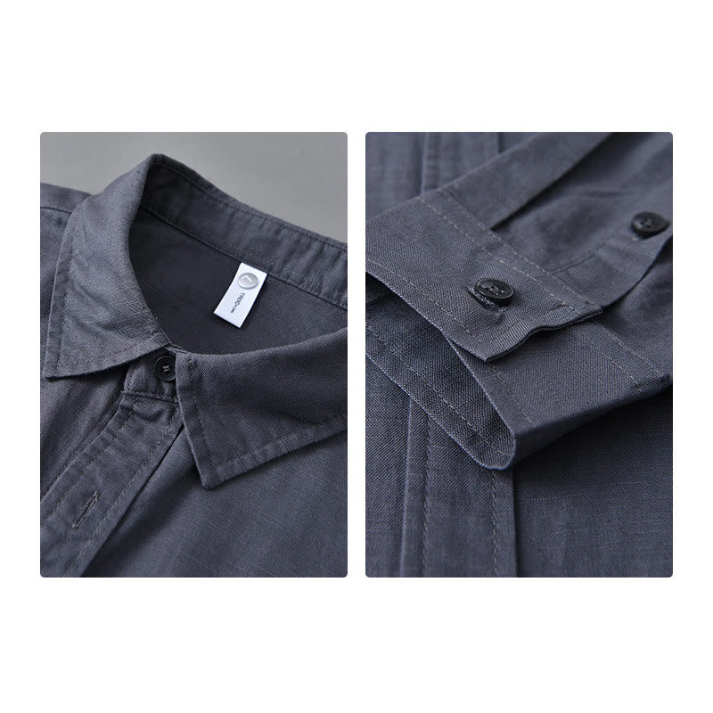 Camisa de algodón cómoda de color puro con cuello vuelto y manga larga para hombre de Buddha Stones con bolsillo - image 31