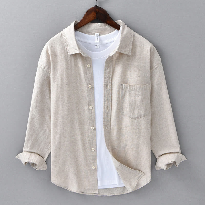 Camisa de algodón cómoda de color puro con cuello vuelto y manga larga para hombre de Buddha Stones con bolsillo - PapayaWhip - US/UK/AU42, EU52 (3XL) - image 1