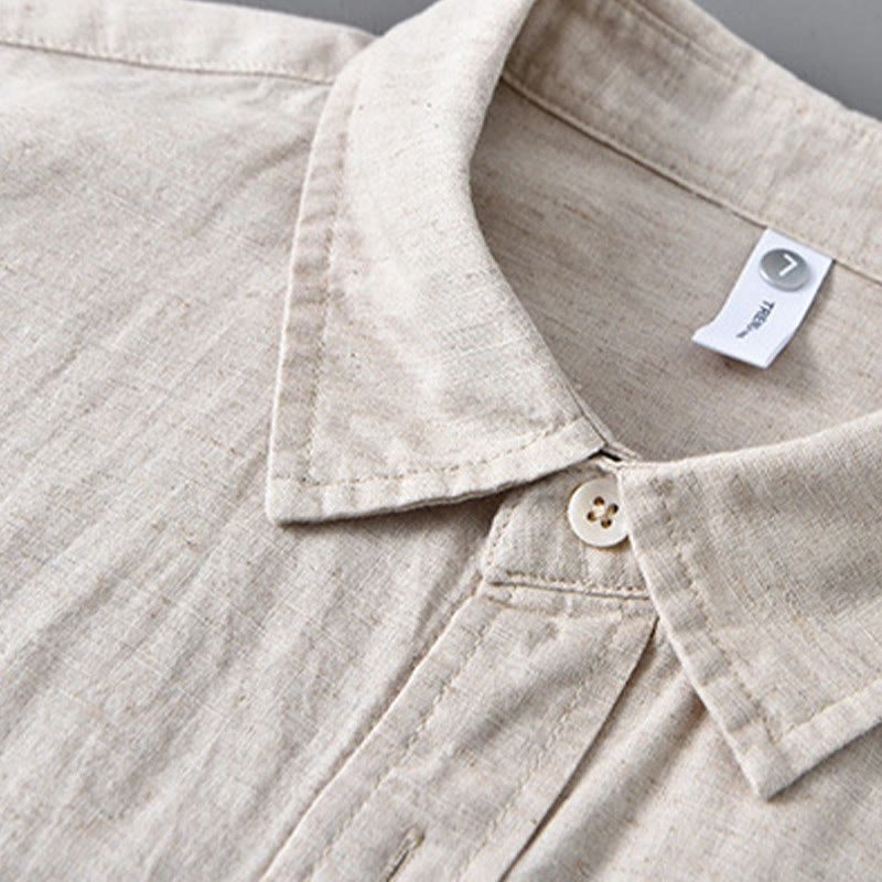 Camisa de algodón cómoda de color puro con cuello vuelto y manga larga para hombre de Buddha Stones con bolsillo - image 4