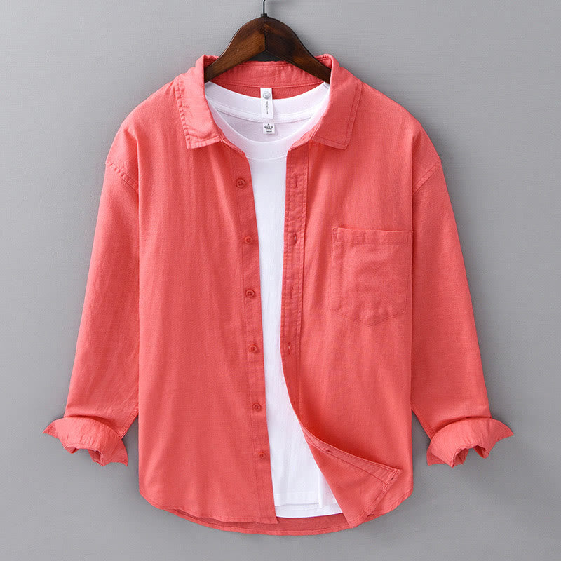 Camisa de algodón cómoda de color puro con cuello vuelto y manga larga para hombre de Buddha Stones con bolsillo - Tomate - US/UK/AU42, EU52 (3XL) - image 33