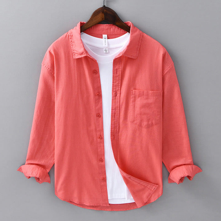 Camisa de algodón cómoda de color puro con cuello vuelto y manga larga para hombre de Buddha Stones con bolsillo - Tomate - US/UK/AU42, EU52 (3XL) - image 33