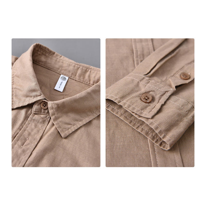 Camisa de algodón cómoda de color puro con cuello vuelto y manga larga para hombre de Buddha Stones con bolsillo - image 23