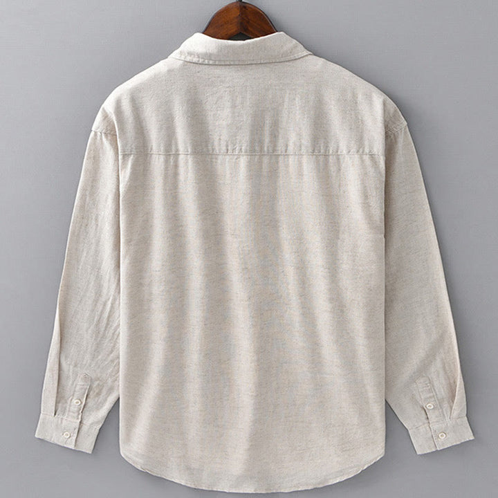 Camisa de algodón cómoda de color puro con cuello vuelto y manga larga para hombre de Buddha Stones con bolsillo - image 2