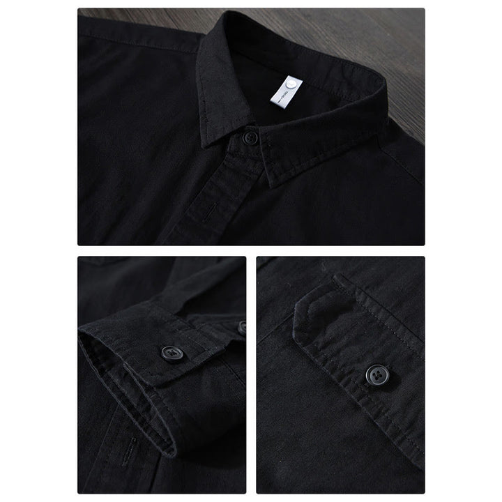 Camisa informal de algodón de color puro con cuello vuelto y manga larga para hombre de Buddha Stones - image 16