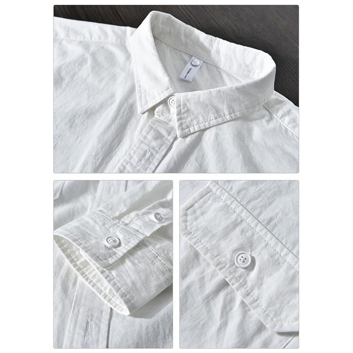 Camisa informal de algodón de color puro con cuello vuelto y manga larga para hombre de Buddha Stones - image 12