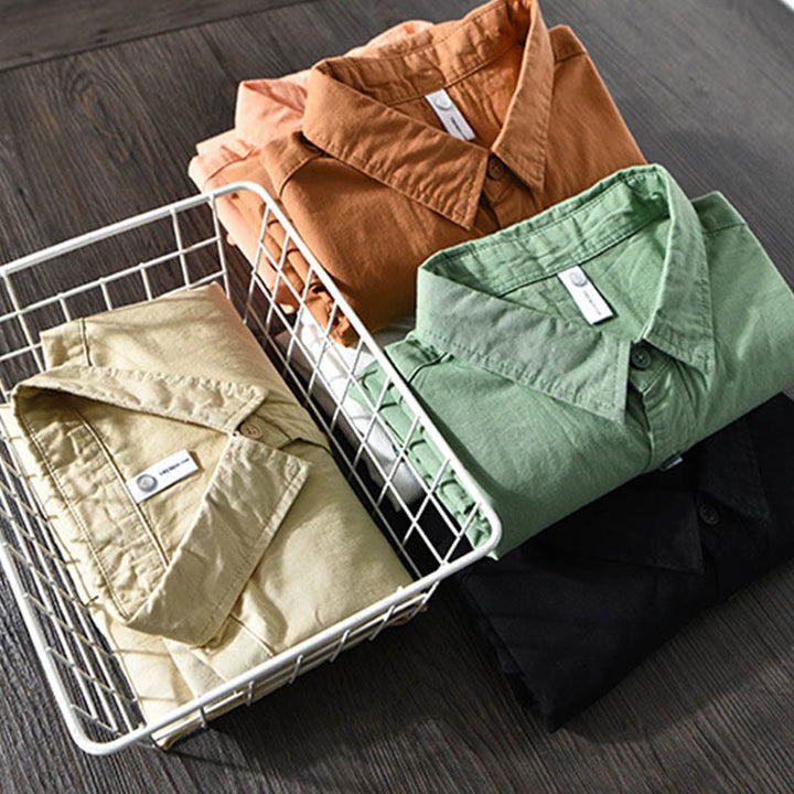 Camisa informal de algodón de color puro con cuello vuelto y manga larga para hombre de Buddha Stones - image 20