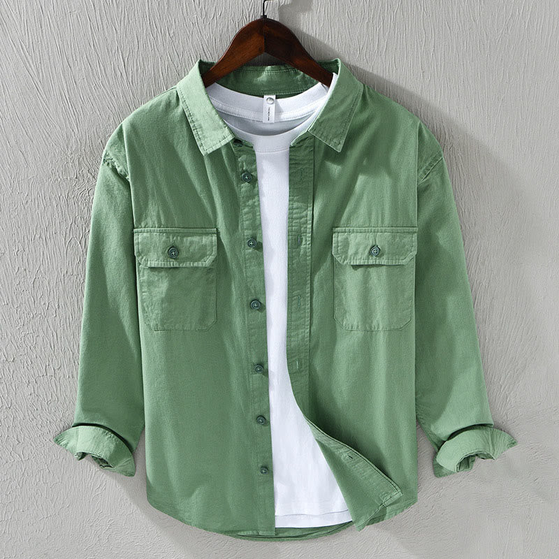 Camisa informal de algodón de color puro con cuello vuelto y manga larga para hombre de Buddha Stones - Verde mar medio - US/UK/AU46, EU56 (5XL) - image 9