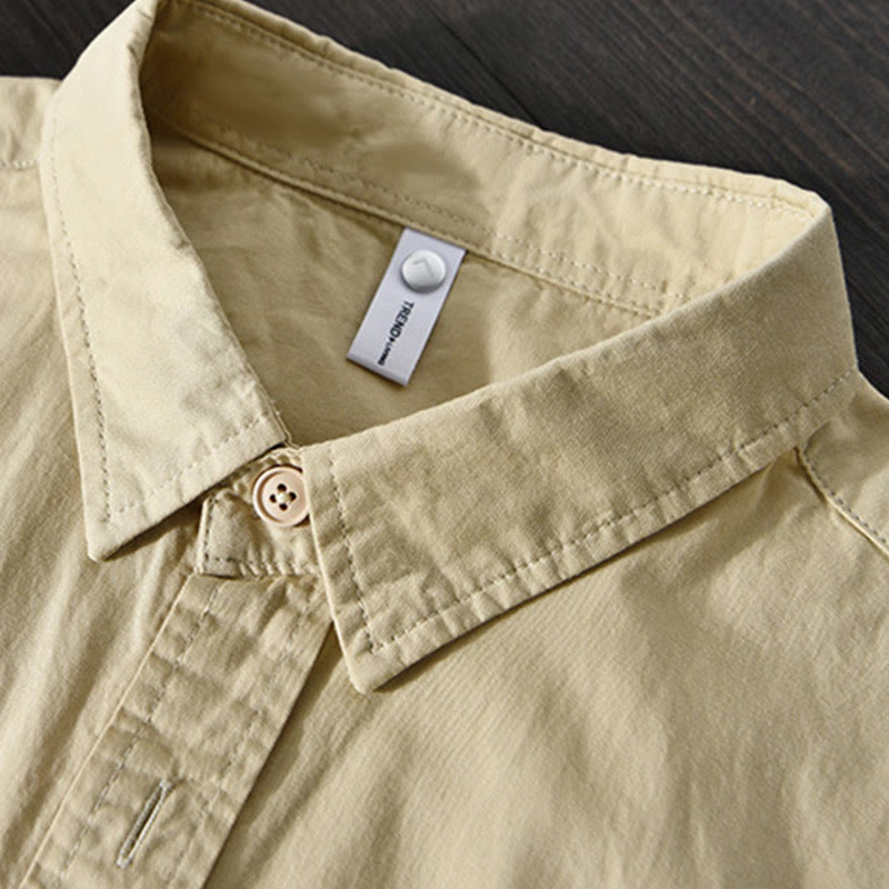 Camisa informal de algodón de color puro con cuello vuelto y manga larga para hombre de Buddha Stones - image 3