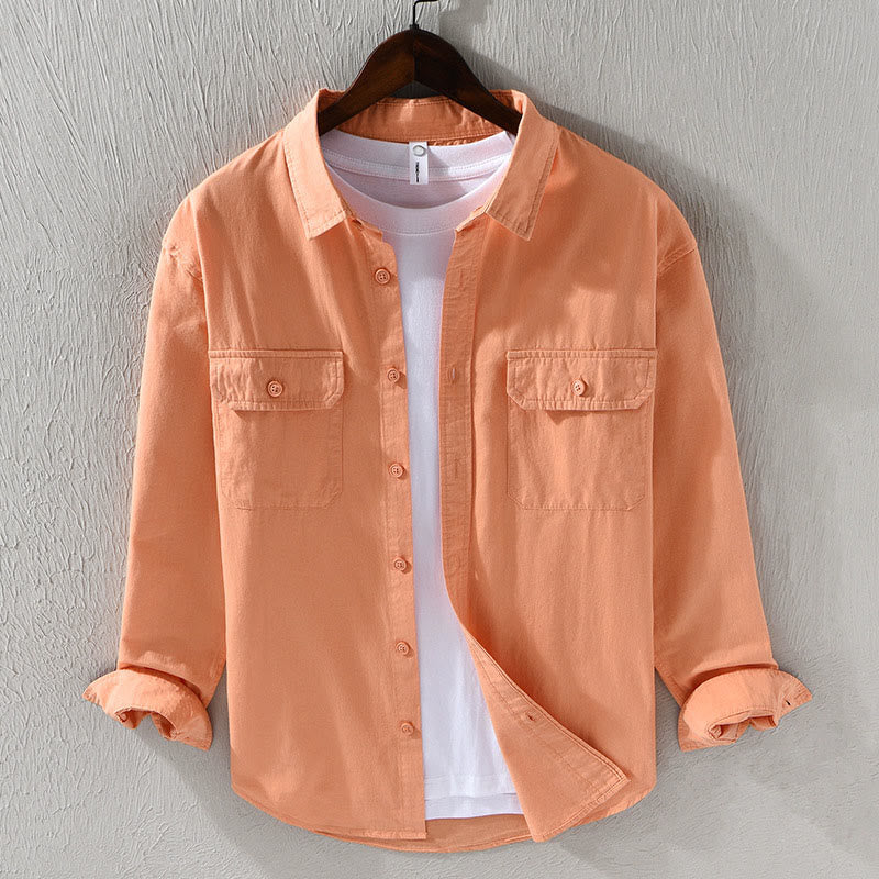 Camisa informal de algodón de color puro con cuello vuelto y manga larga para hombre de Buddha Stones - SandyBrown - US/UK/AU46, EU56 (5XL) - image 17