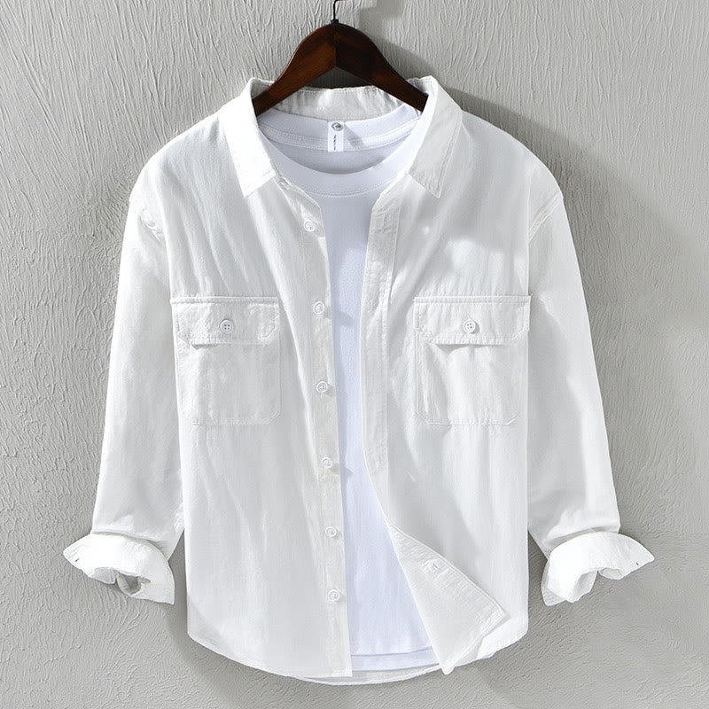 Camisa informal de algodón de color puro con cuello vuelto y manga larga para hombre de Buddha Stones - Blanco - US/UK/AU46, EU56 (5XL) - image 11