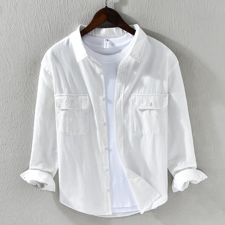 Camisa informal de algodón de color puro con cuello vuelto y manga larga para hombre de Buddha Stones - Blanco - US/UK/AU46, EU56 (5XL) - image 11