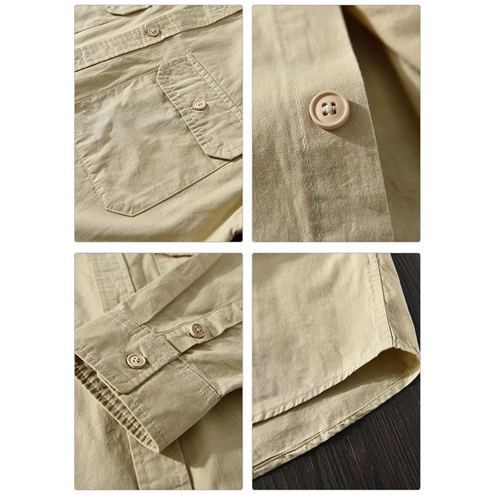 Camisa informal de algodón de color puro con cuello vuelto y manga larga para hombre de Buddha Stones - image 8