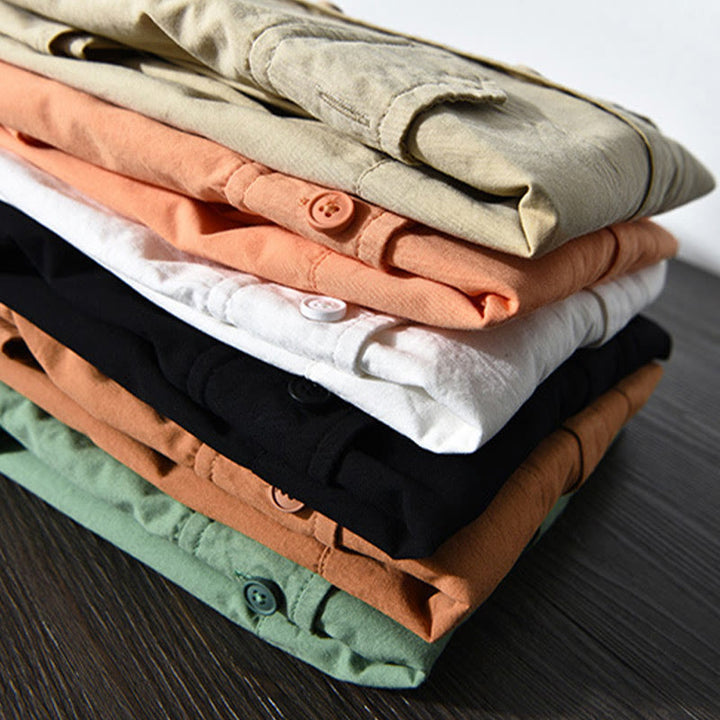 Camisa informal de algodón de color puro con cuello vuelto y manga larga para hombre de Buddha Stones - image 19