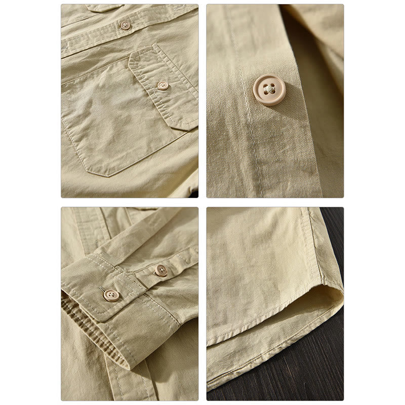 Camisa informal de algodón de color puro con cuello vuelto y manga larga para hombre de Buddha Stones - image 8