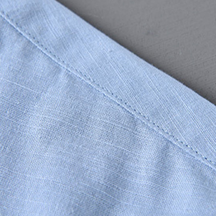 Camisa informal de lino y algodón de color puro con cuello alto y manga larga para hombre de Buddha Stones - image 18