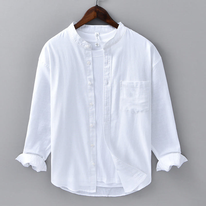 Camisa informal de lino y algodón de color puro con cuello alto y manga larga para hombre de Buddha Stones - Blanco - US/UK/AU40, UE50 (3XL) - image 6