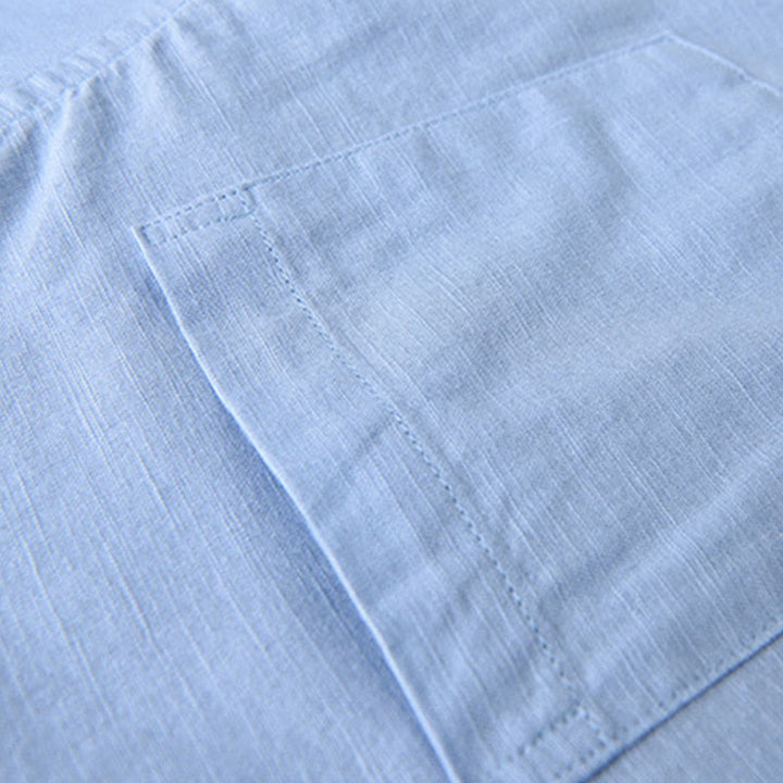 Camisa informal de lino y algodón de color puro con cuello alto y manga larga para hombre de Buddha Stones - image 18