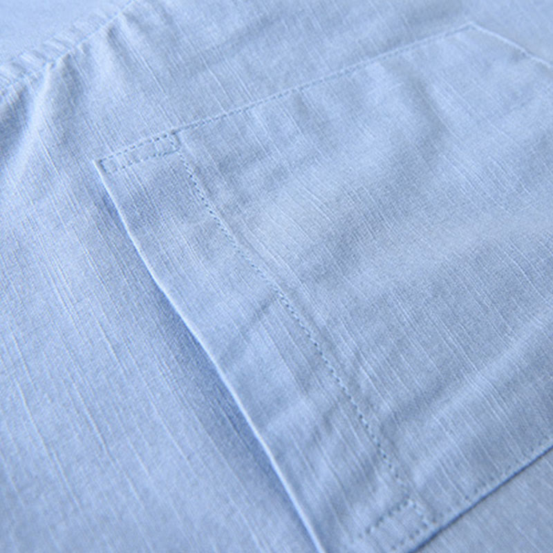 Camisa informal de lino y algodón de color puro con cuello alto y manga larga para hombre de Buddha Stones - image 18