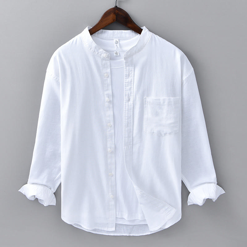 Camisa informal de lino y algodón de color puro con cuello alto y manga larga para hombre de Buddha Stones - Blanco - US/UK/AU40, UE 50 (3XL) - image 5