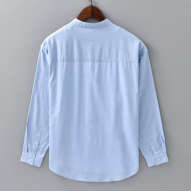 Camisa informal de lino y algodón de color puro con cuello alto y manga larga para hombre de Buddha Stones - image 11