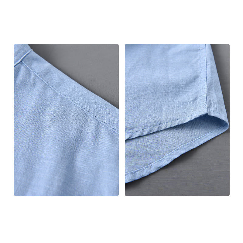 Camisa informal de lino y algodón de color puro con cuello alto y manga larga para hombre de Buddha Stones - image 16
