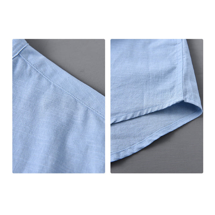 Camisa informal de lino y algodón de color puro con cuello alto y manga larga para hombre de Buddha Stones - image 16