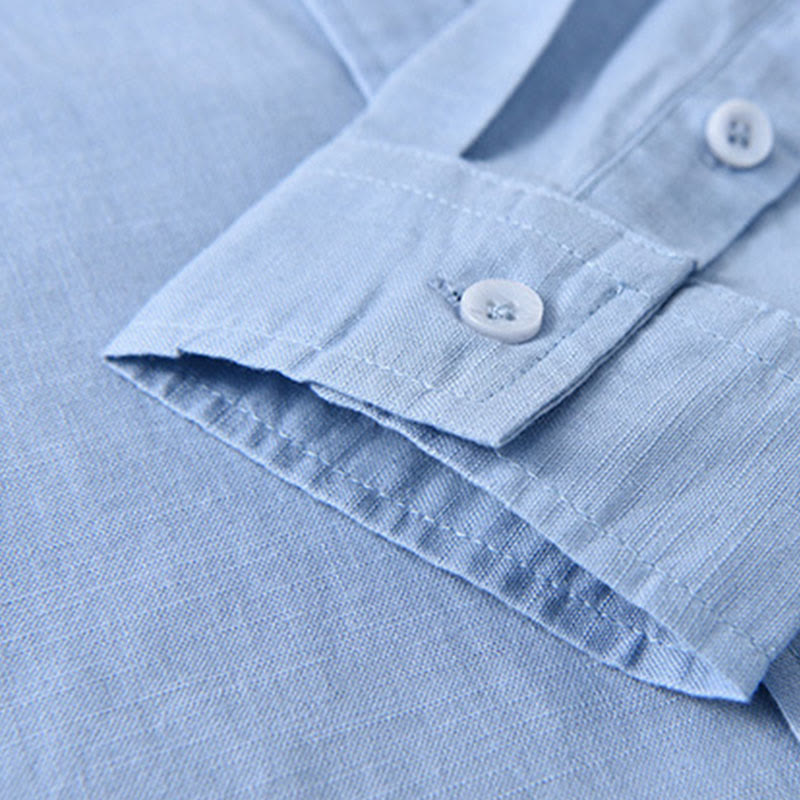 Camisa informal de lino y algodón de color puro con cuello alto y manga larga para hombre de Buddha Stones - image 14
